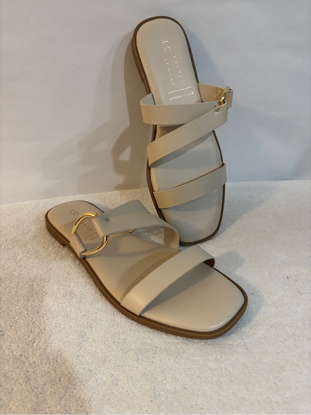 NWOT! LC Lauren Conrad Neutral Beige Triple-Strap Slide Sandals with Gold Accent